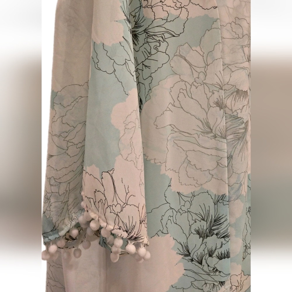 Westport Women’s 1X Kimono Blue Floral Sheer Open Front Boho Pom Pom Trim Beach - Picture 3 of 10